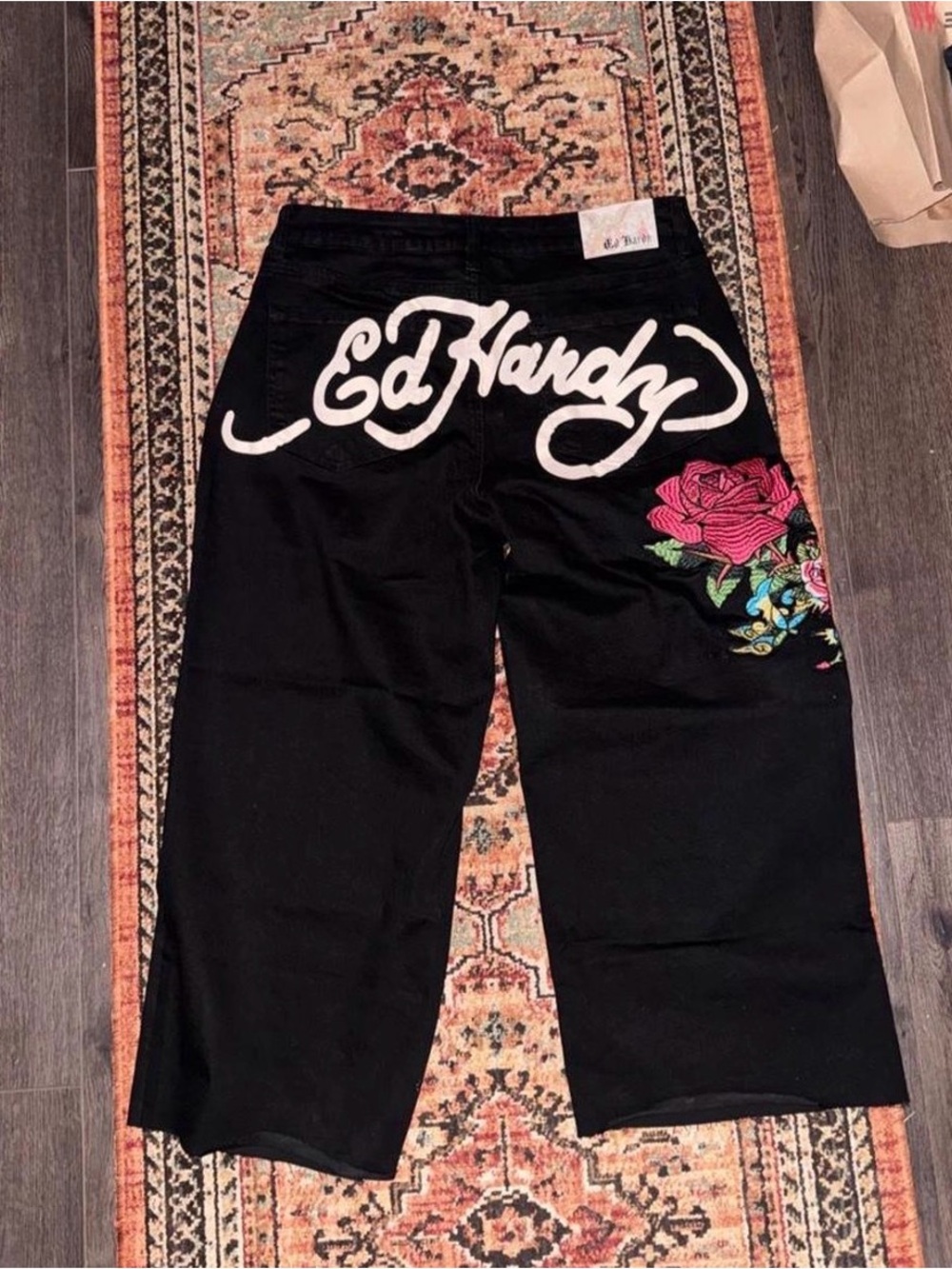 Ed Hardy Black Capri Pants with Embroidered Rose